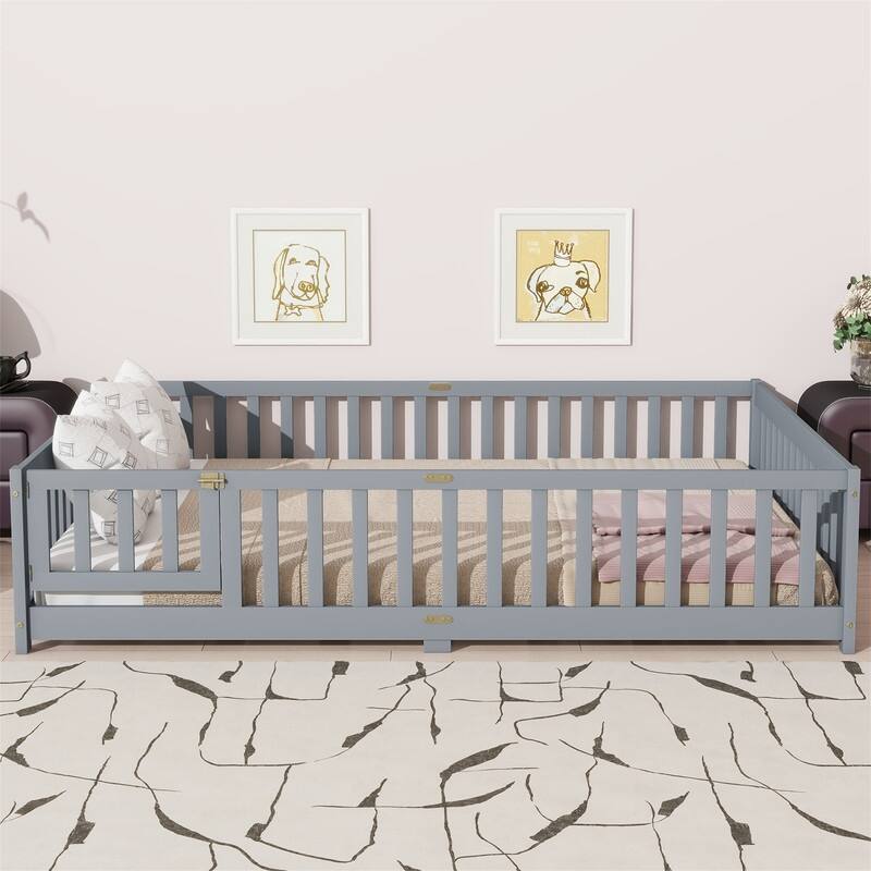Twin/Full/Queen Size Floor Bed with Fence Guardrails and Door, Rubber Wood Toddler Bed Montessori Bed with Slats Support