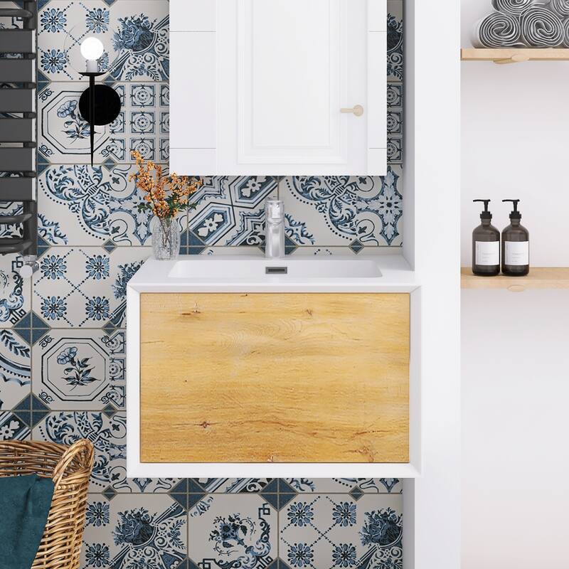 Bathroom Vanity in F.Oak with Integrated Solid Surface Top - 25.31''x 20.79'' x 16.46''
