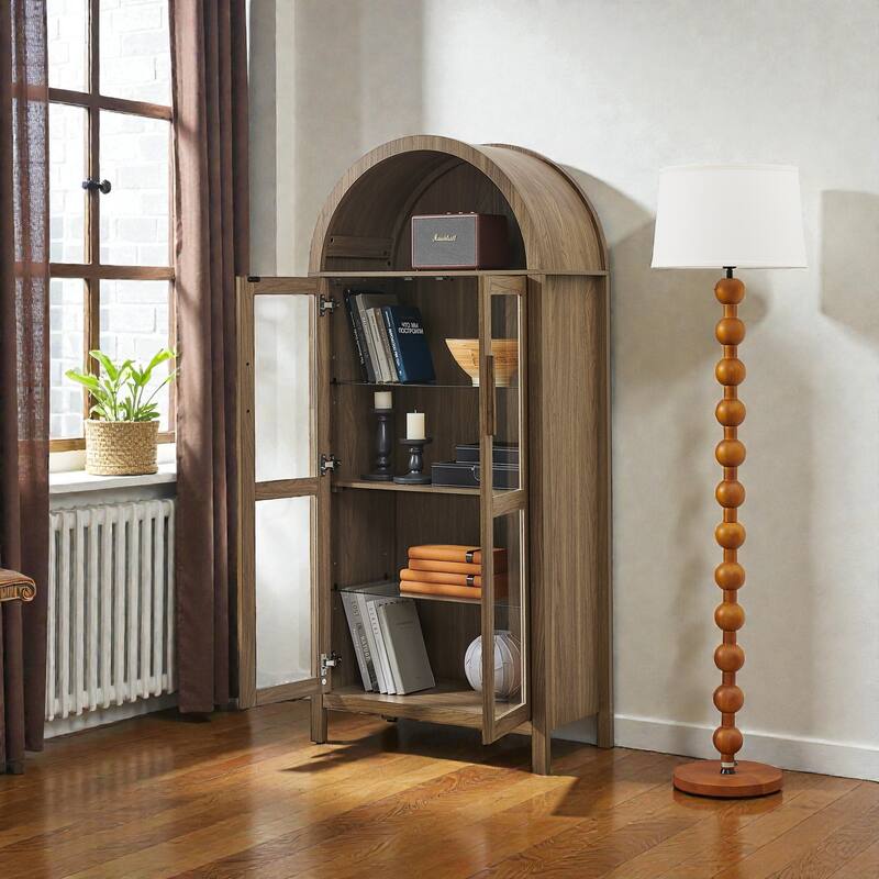 High Arched Wooden Storage Cabinet with LED Light, Adjustable Glass Shelves, Modern Retro Multi-Functional Display Locker
