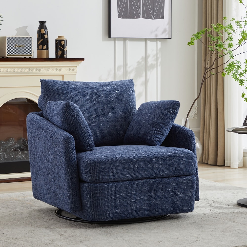 Chenille Upholstered Swivel Accent Chair, Cozy Club Chair with 2 Thorw Pillows, Oversized Lounge Armchair with Metal Base