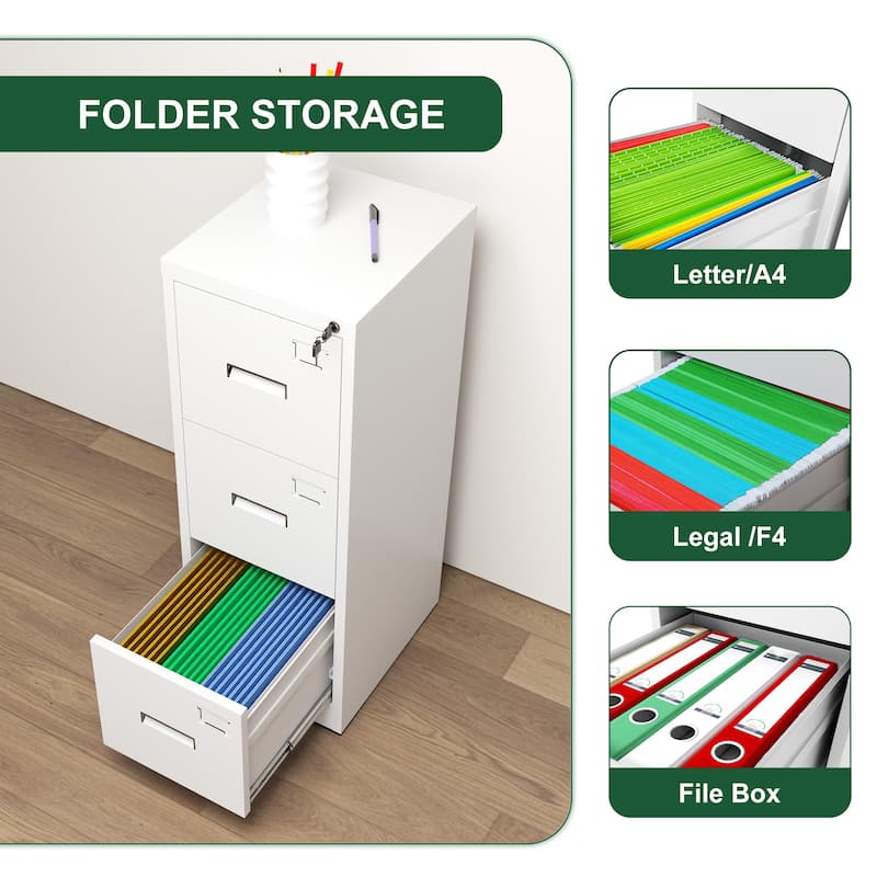 Modern Narrow File Cabinet Vertical Filing Cabinet with 3 Drawers, Locks and Card Slots, for Home Office, White