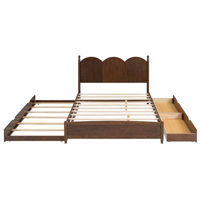 Rustic Wooden Platform Bed Frame with Twin XL Trundle & 2 Storage Drawers/Queen Size Bed Frame with Curved Headboard & Rounded