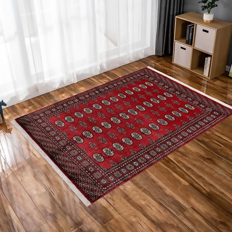Tribal Bokhara Mathew Red Beige Hand Knotted Rug - 4'3'' x 6'6''