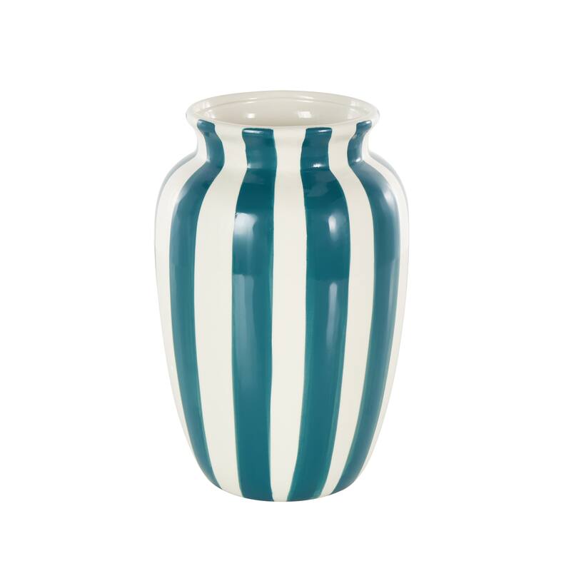 White Ceramic Round Wide Decorative Vase with Yellow or Teal Vertical Stripes