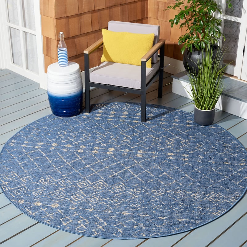 SAFAVIEH Courtyard Evaleen Indoor/ Outdoor Waterproof Patio Backyard Rug - 6'7" Round - Blue/Ivory