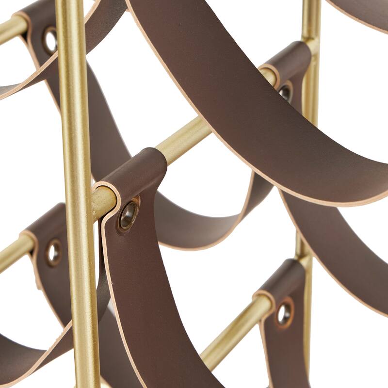 Gold Metal Wine Rack with Faux Leather Holding Straps