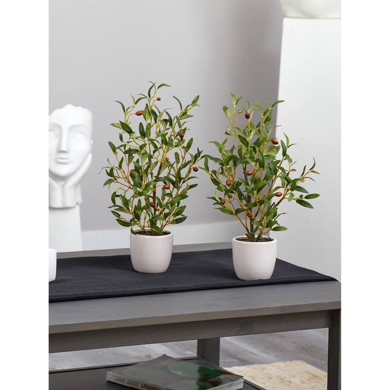 Set of 2 Artificial Silk Olive Tree with White Vase 18"
