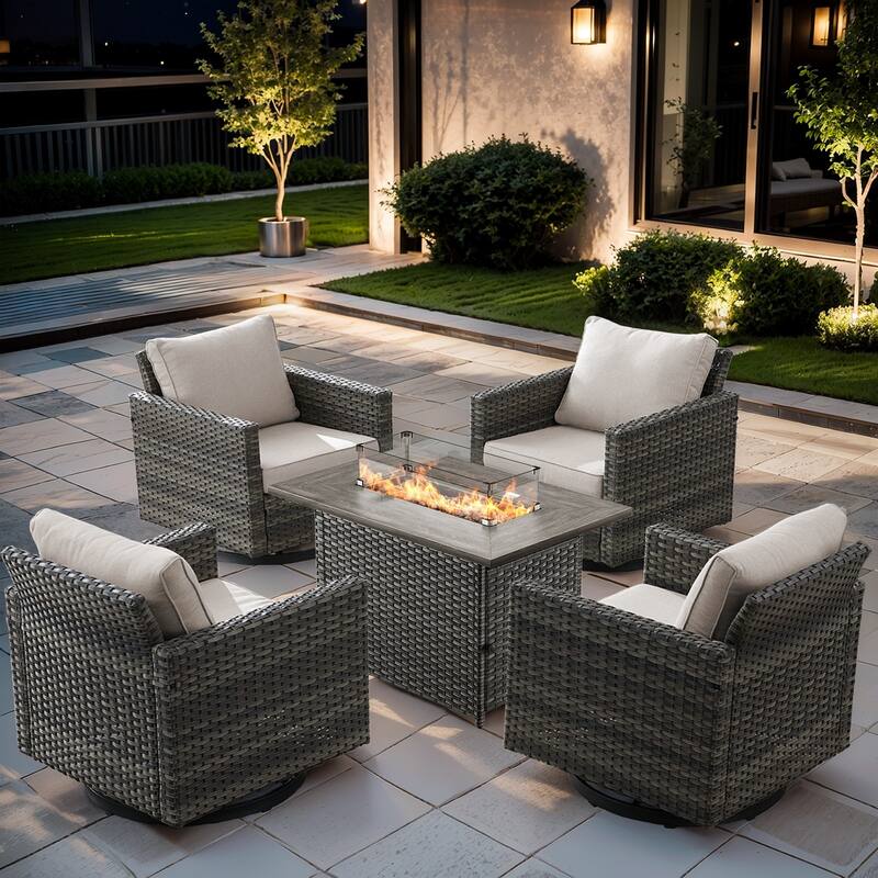 4 Pieces Swivel Chair with Fire Pit Table - Grey - Beige