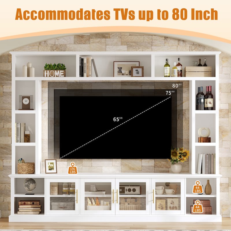 Entertainment Center Wall Unit for TVs up to 80", All-in-One TV Stand Glass Doors Storage Cabinet Bookcase Wine Rack
