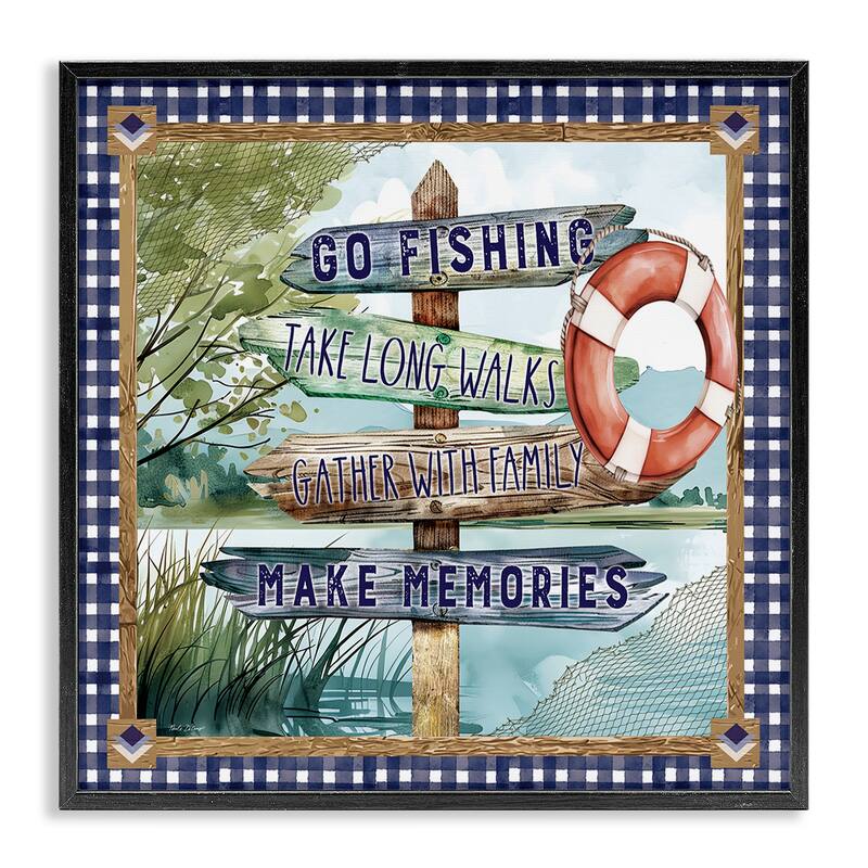 Stupell Plaid Border Lake Sign Framed Giclee Art Design By Nicole DeCamp - 24 x 24 - Black