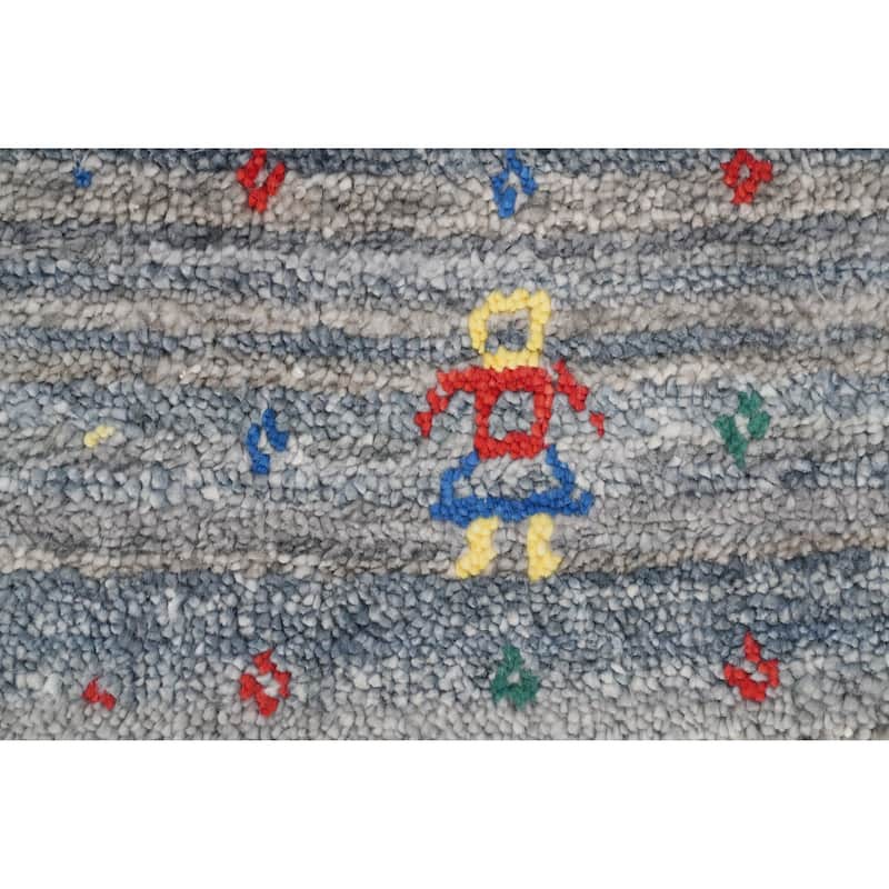 Hand Knotted Oriental Viscose Silk Carpet Tribal Animal Pictorial Greys & Charcoal Gabbeh Runner Rug - 11' 7'' X 2' 6''