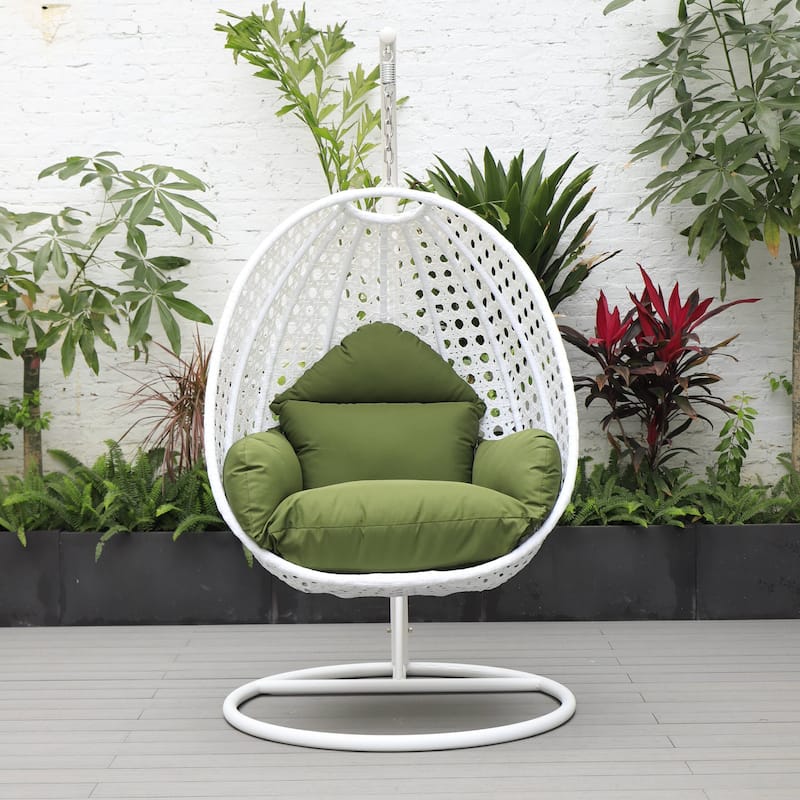 Patio Hanging Egg Swing Chair with White Wicker Shell and Iron Frame for Indoor Outdoor Patio Porch Garden Backyard