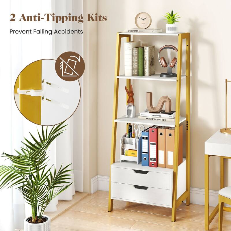 Gymax 4-tier Bookshelf w/ 2 Storage Drawers Sturdy Metal Frame