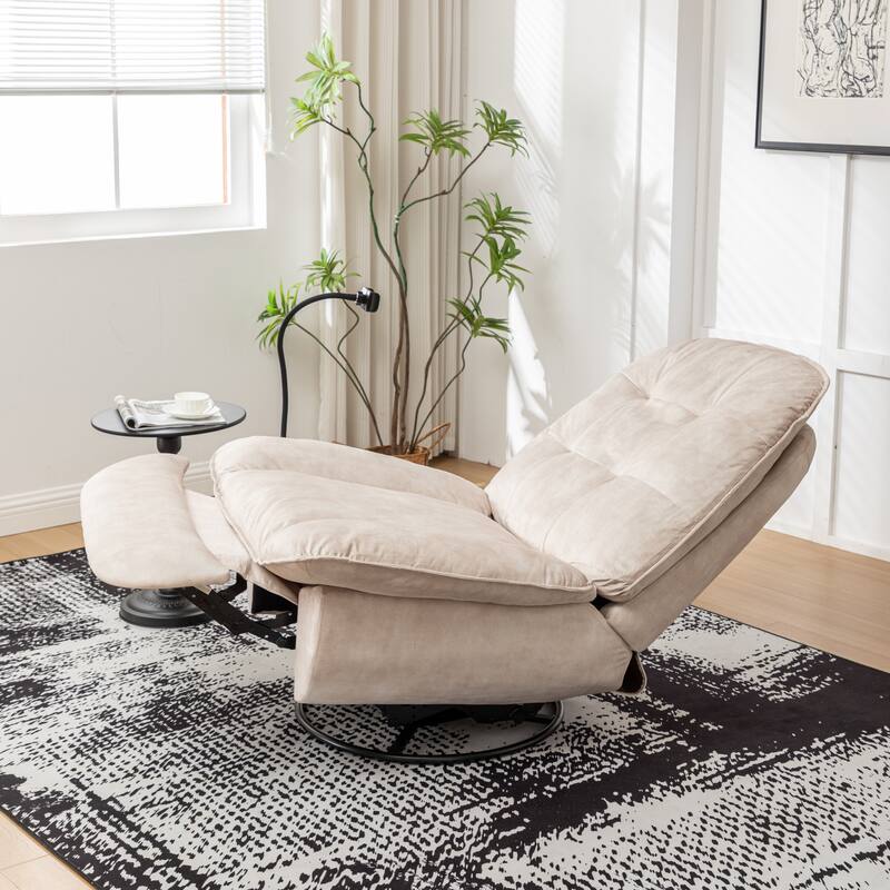 Anmytek Ivory Swivel Glider Recliner Gold Stamped Velvet Reading Chair with Phone Holder