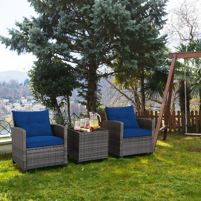 3-Piece Outdoor Wicker Patio Furniture Set with Tempered Glass Coffee Table - 26.5" x 26.5" x 30" (L x W x H)