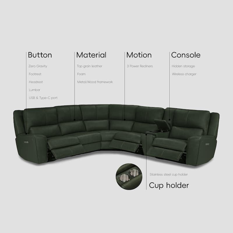 6PCS, 3 power Recliners, Leather Reclining Sectional with Wireless Charge & Pop-Out Cup Holders