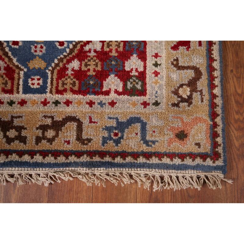 Blue Geometric Khotan Oriental Runner Rug Hand-Knotted Wool Carpet - 2'7"x 11'9"