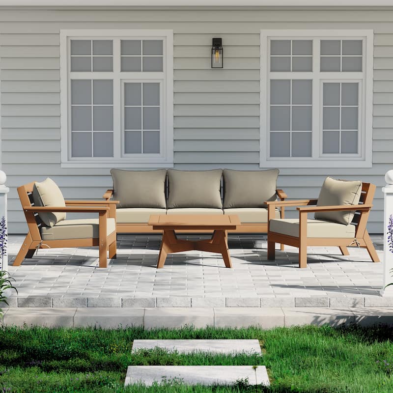 Birchwood All Weather HDPE Outdoor Patio Teak Deep Seating Conversation Set (6-Piece Set)