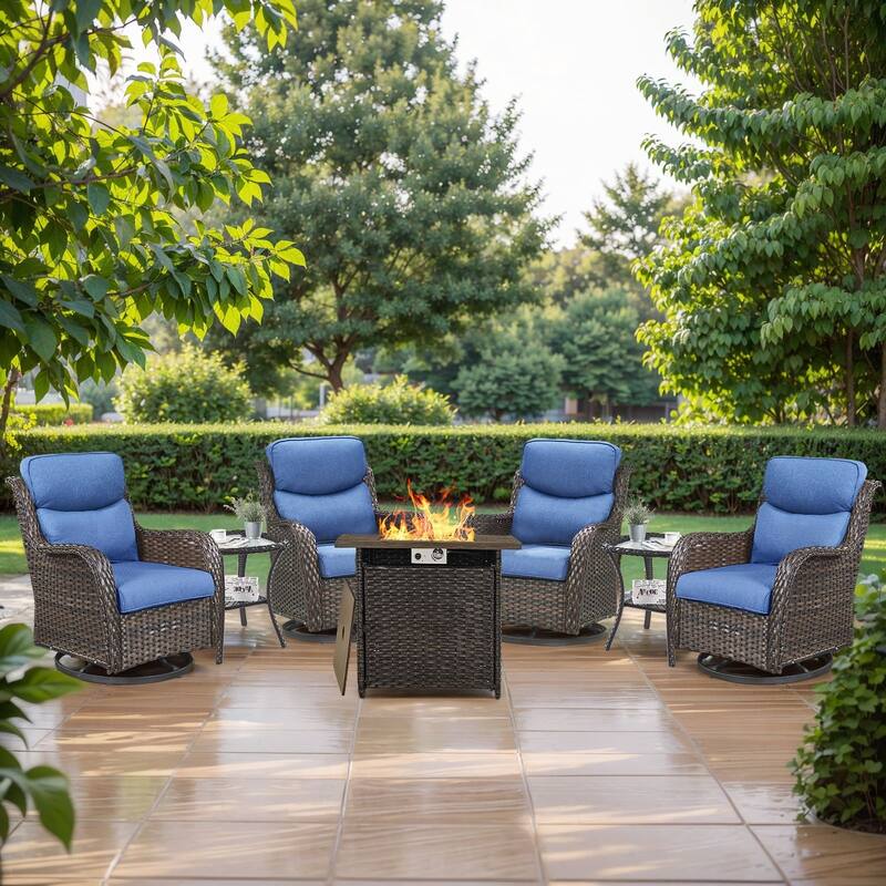 7 Pieces Outdoor Gliders Chairs Table Fire Pit Table with 5-Inch Thick Cushions - Brown Rattan - Blue Cushion - 7PCS Swivel Chairs Table with Square Fire Table