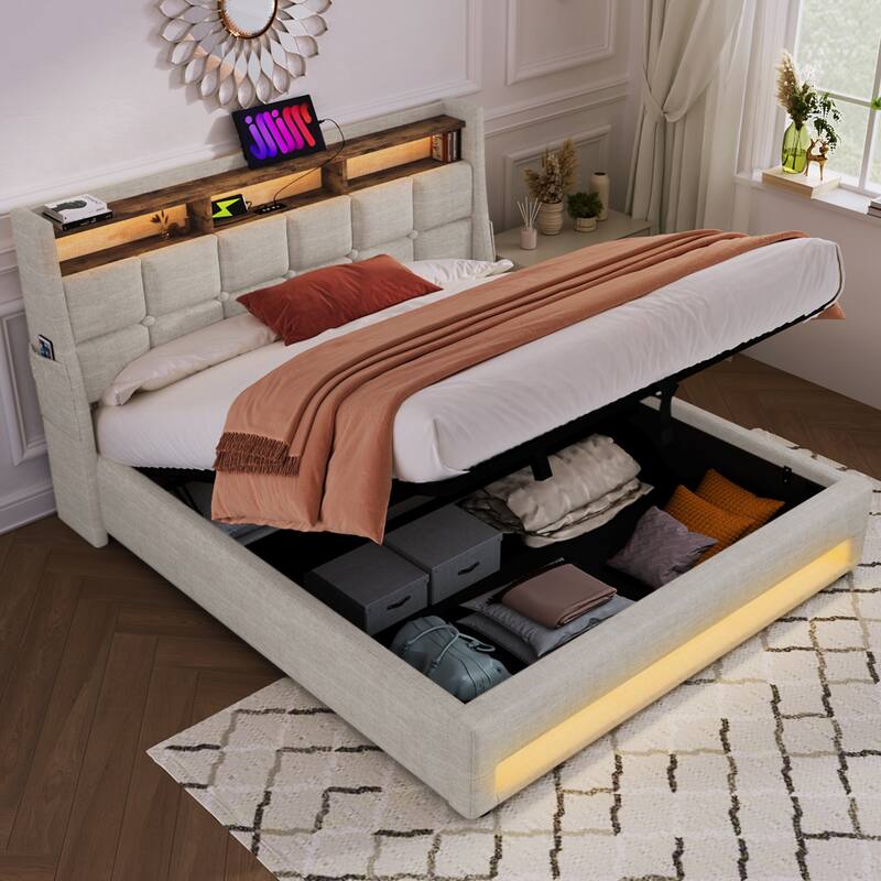 Full Platform Bed Storage Bed Frame Slat LED - Natural
