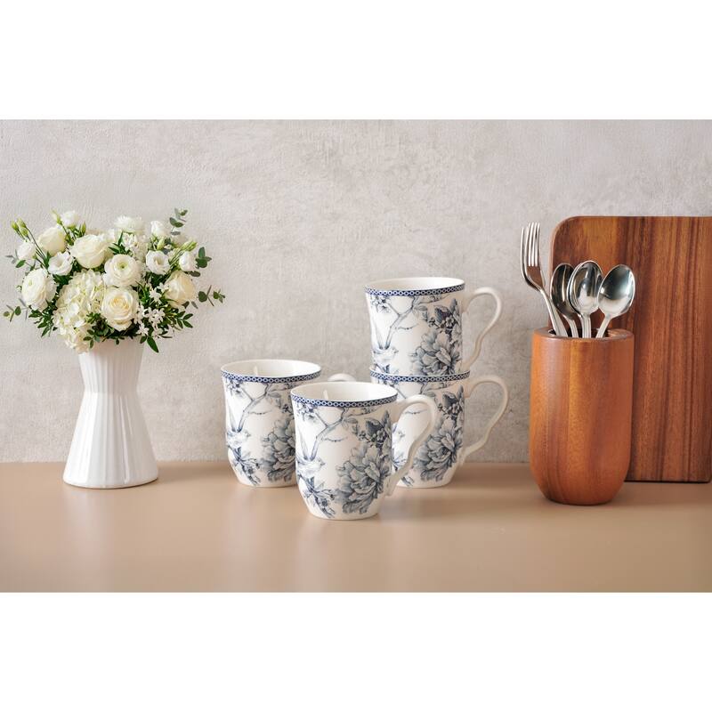 222 Fifth Adelaide Large Coffee Mugs Set of 4, Blue Porcelain Cups, 14.5 oz