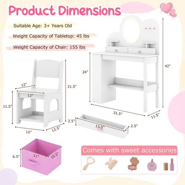 dimension image slide 0 of 2, Costway Kids Vanity with Lights, 2 Drawers & 2-Tier Bookshelf, 3 Hooks - See Details
