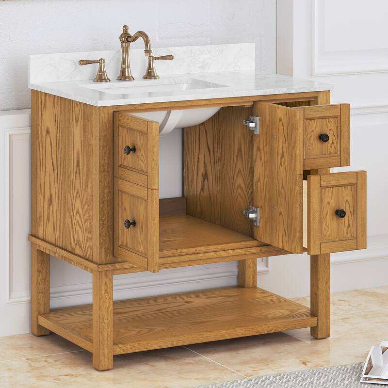 48" Bathroom Vanity with Sink, Marble Countertop Single Bathroom Vanity with 6 Drawers, White