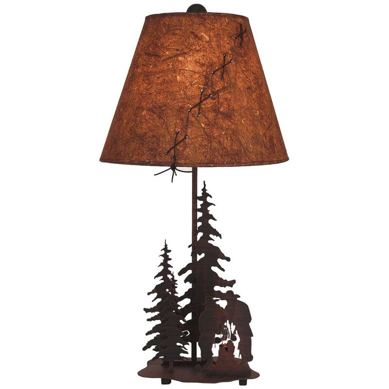 Rustic Iron Nature Scene Table Lamp with Nightlight - Cowboys Around Campfire with Stitched Shade