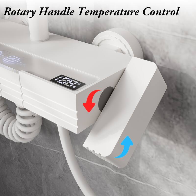 White Thermostatic Shower System with Digital Display, 4 Function Rainfall Shower Head CEC Certified Aluminum Shower Faucet Set