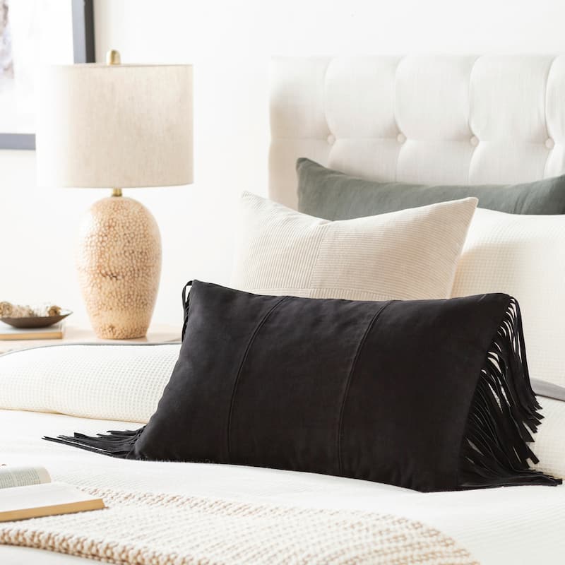 Sascha Suede Subtle Striped Throw Pillow with Long Fringe - 20"H x 20"W - Polyester - Black