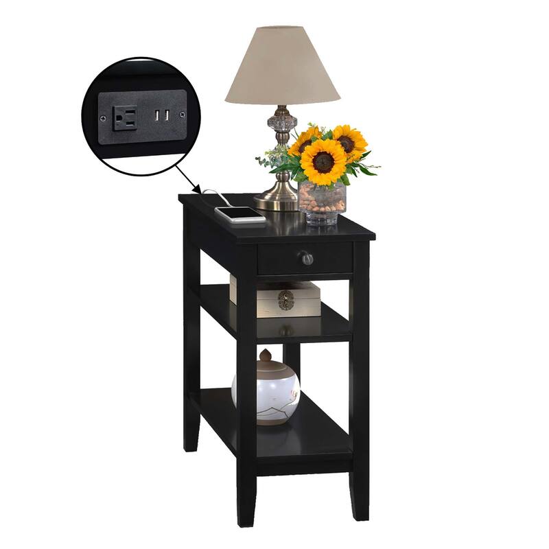 Convenience Concepts American Heritage 1 Drawer Chairside End Table with Charging Station and Shelves