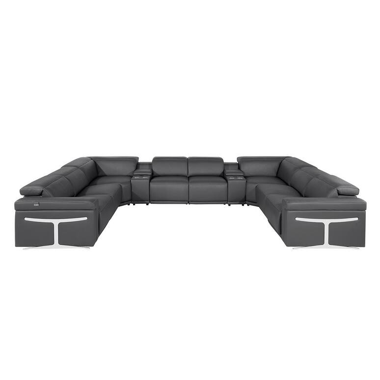 HomeRoots Dark Gray Italian Leather Power Reclining U Shaped Ten Piece Corner Sectional With Console