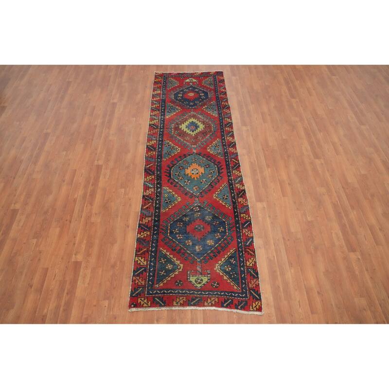 Hand Knotted Oriental 100% Wool Carpet Traditional Geometric Oranges & Rust Heriz Runner Rug - 9' 9'' X 3' 6''