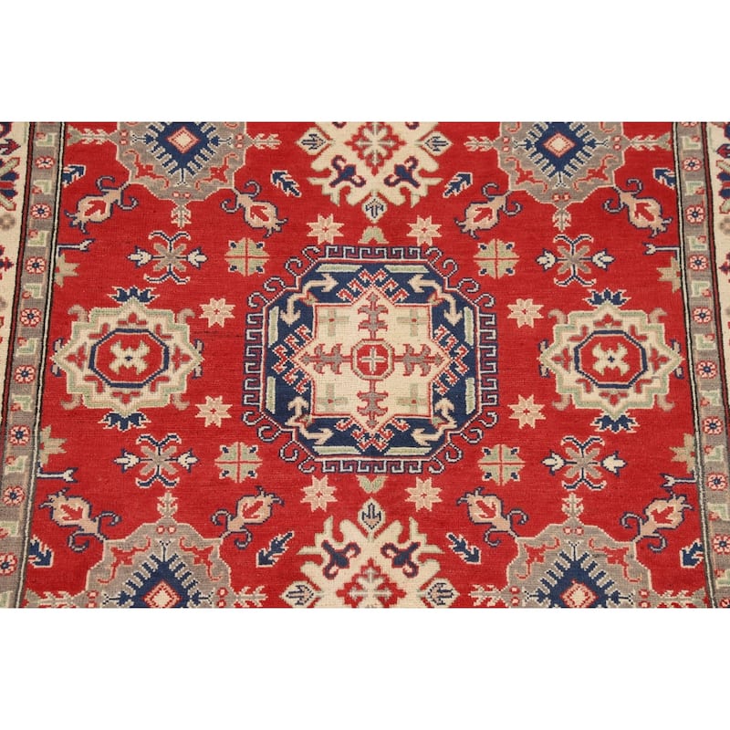 Geometric Red Kazak Oriental Rug Hand-Knotted Living Room Wool Carpet - 5'0" x 6'8"