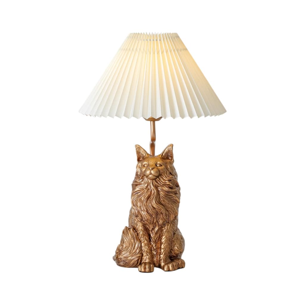 Rennnsan 20 in. Painted Antique Gold Persian Cat Table Lamp with White Pleated Shade - 13.4 in. Dia × 20.1 in. H