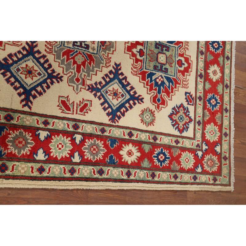 Beige Geometric Kazak Foyer Rug Oriental Handmade Wool Carpet - 3'6" x 5'1"