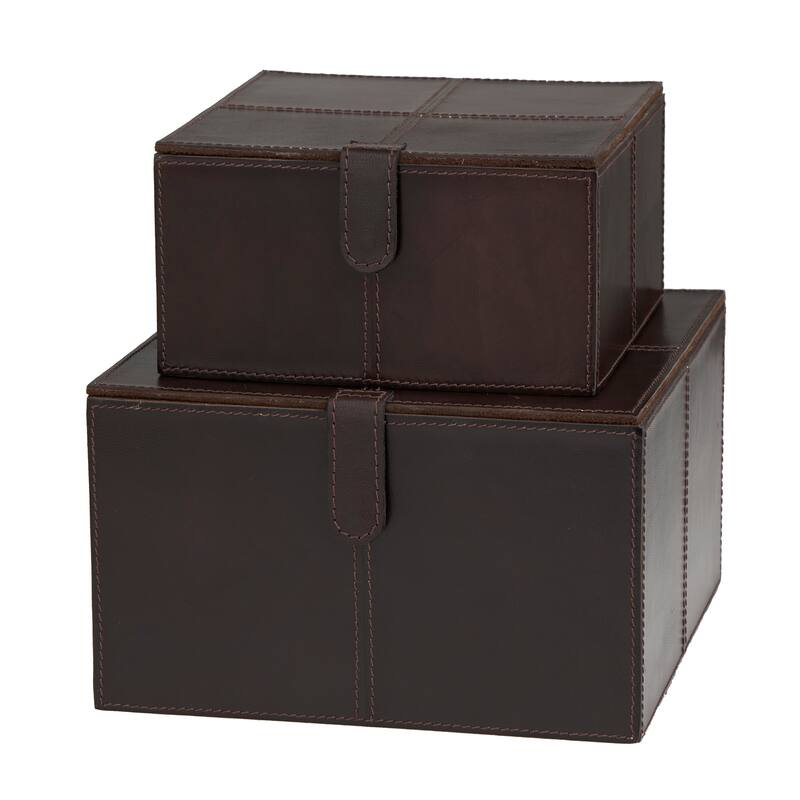 Dark Brown Leather Storage Box with Snap Front Closure and Detailed Stitching (Set of 2)