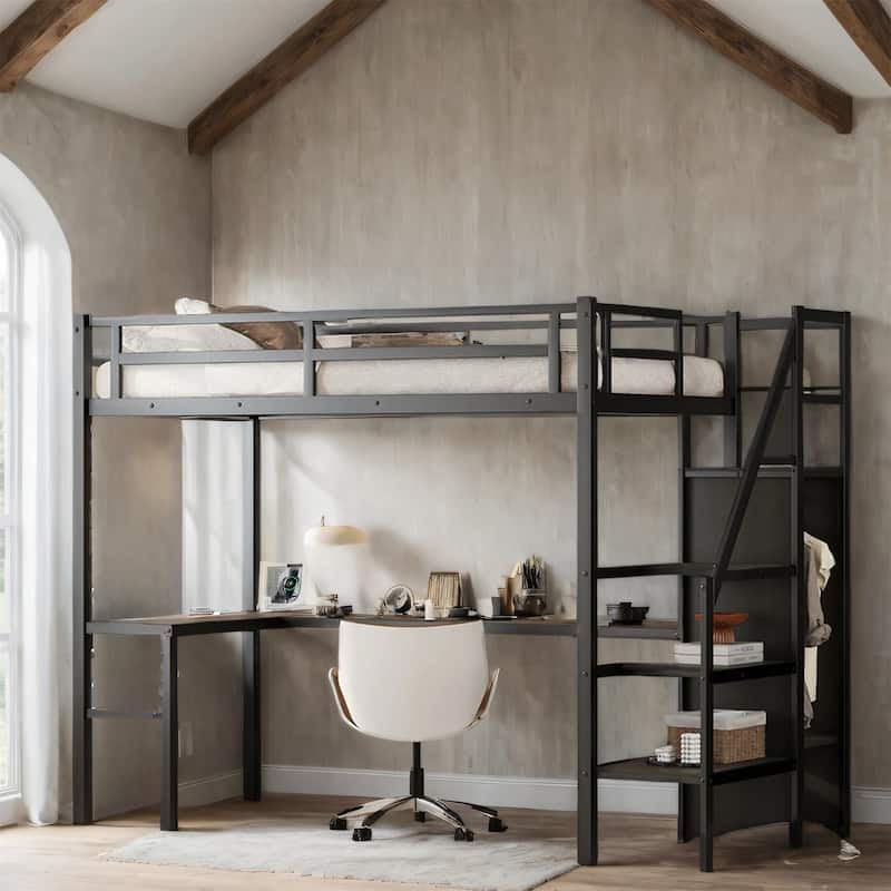 Twin XL Metal Loft Bed w/ L-shaped Desk,USB,Wardrobe,Adjustable Shelf