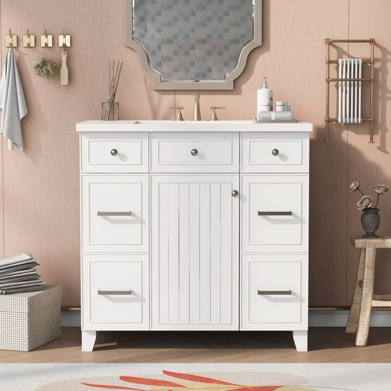 Modern 36-Inch Free-Standing Vanity with Single Sink, Storage Drawers & Adjustable Shelf
