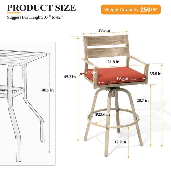 dimension image slide 3 of 4, Outdoor Aluminum Swivel Patio Bar Stools with Sunbrella Fabric Cushion