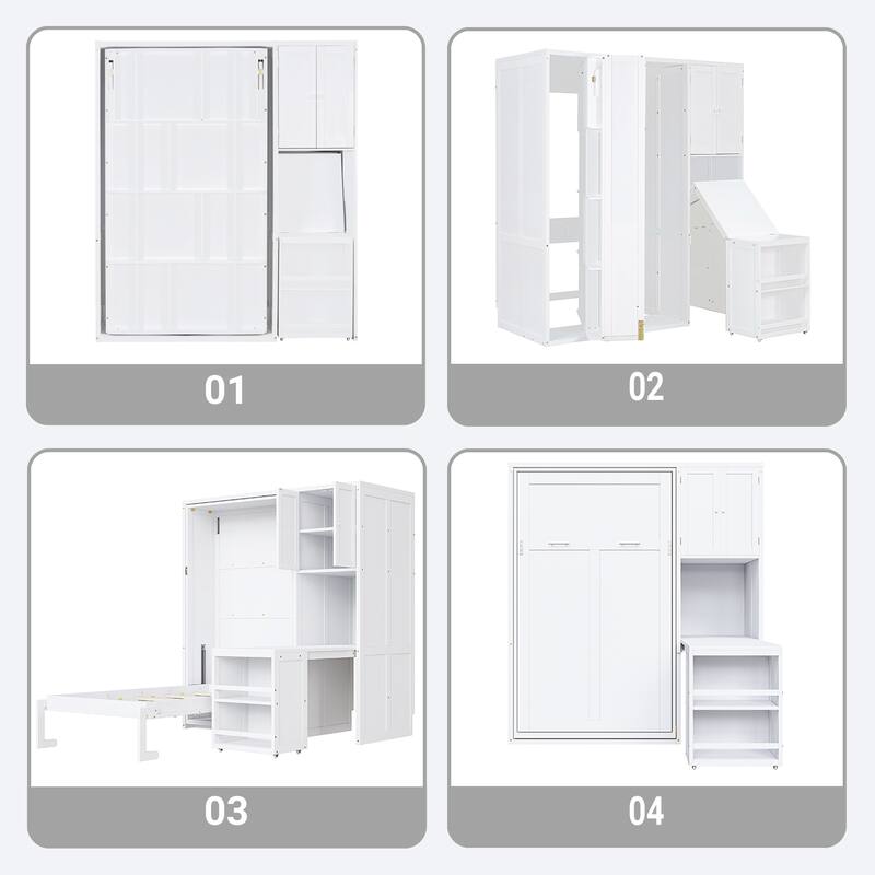 Twin Size Rotating Murphy Wall Bed with Bookshelf, Top Cabinet, Extendable Desk and Side Storage