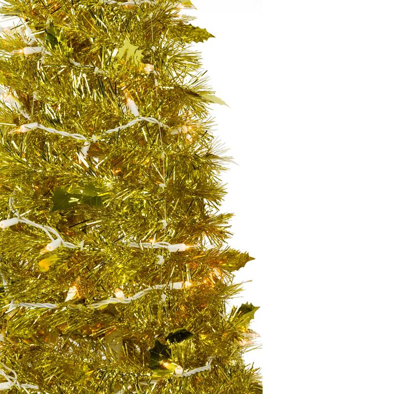 6' Pre-Lit Gold Tinsel Pop-Up Artificial Christmas Tree, Clear Lights - 6 Foot