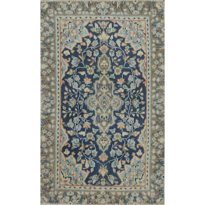 Hand Knotted Oriental 100% Wool Carpet Traditional Floral Navy Blue & Blues Kerman Area Rug - 2' 10'' X 1' 10''