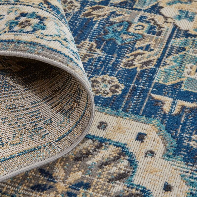 Kezia Vintage Style Tribal Kazak Rug, Classic Blue/Opal Gray