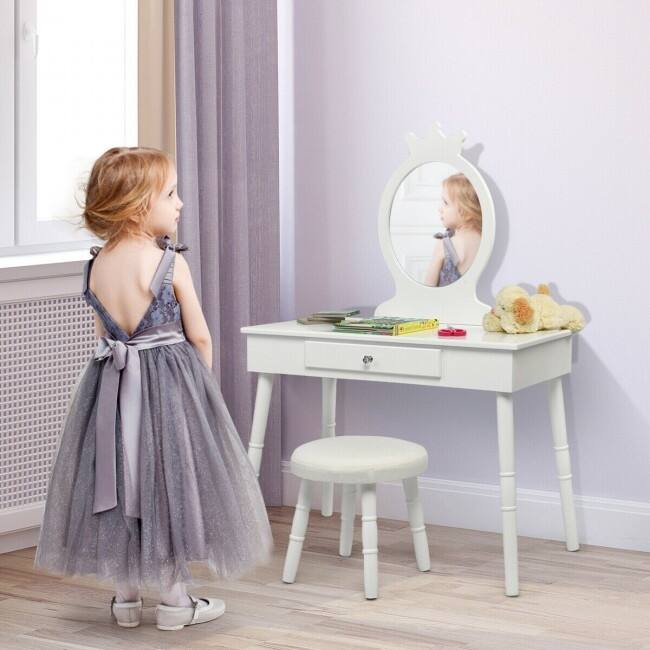 Young Princess Wooden Makeup Vanity Table Set with Padded Stool-White - 27.5" x 13.5" x 40"(L x W x H)