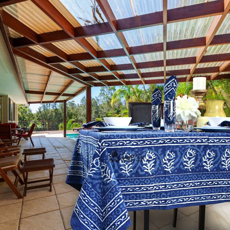 Regal Block Print Cotton Dabu Floral Tablecloth Collection - 60 x 60 in