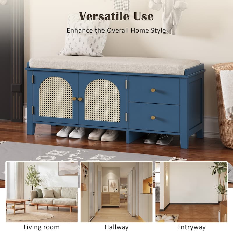 Wood Frame Bench with Shoe Storage, Shoe Bench with Rattan Arched Door and 2 Drawers Entryway Fabric Upholstered Bench