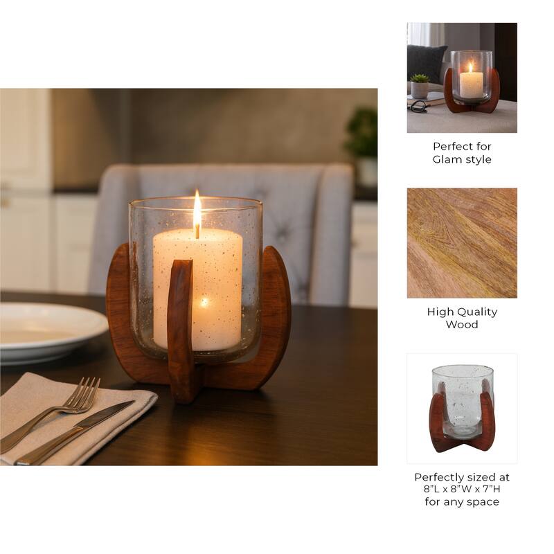 Glass Votive Candle Holder Wood Base - Brown/Clear, 7 in.