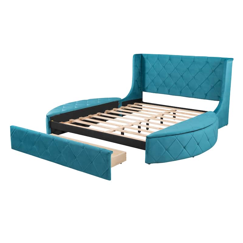 Queen Size Velvet Platform Bed with Wingback Headboard, Storage Drawer, and Side Stools