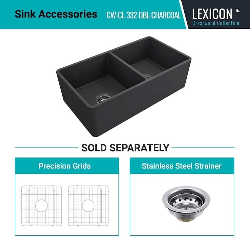33 x 18 Inch Crestwood Farmhouse Sink, Charcoal Fireclay Kitchen Sink, Double Bowl Apron Front, Plain Farm Sink - 33x18